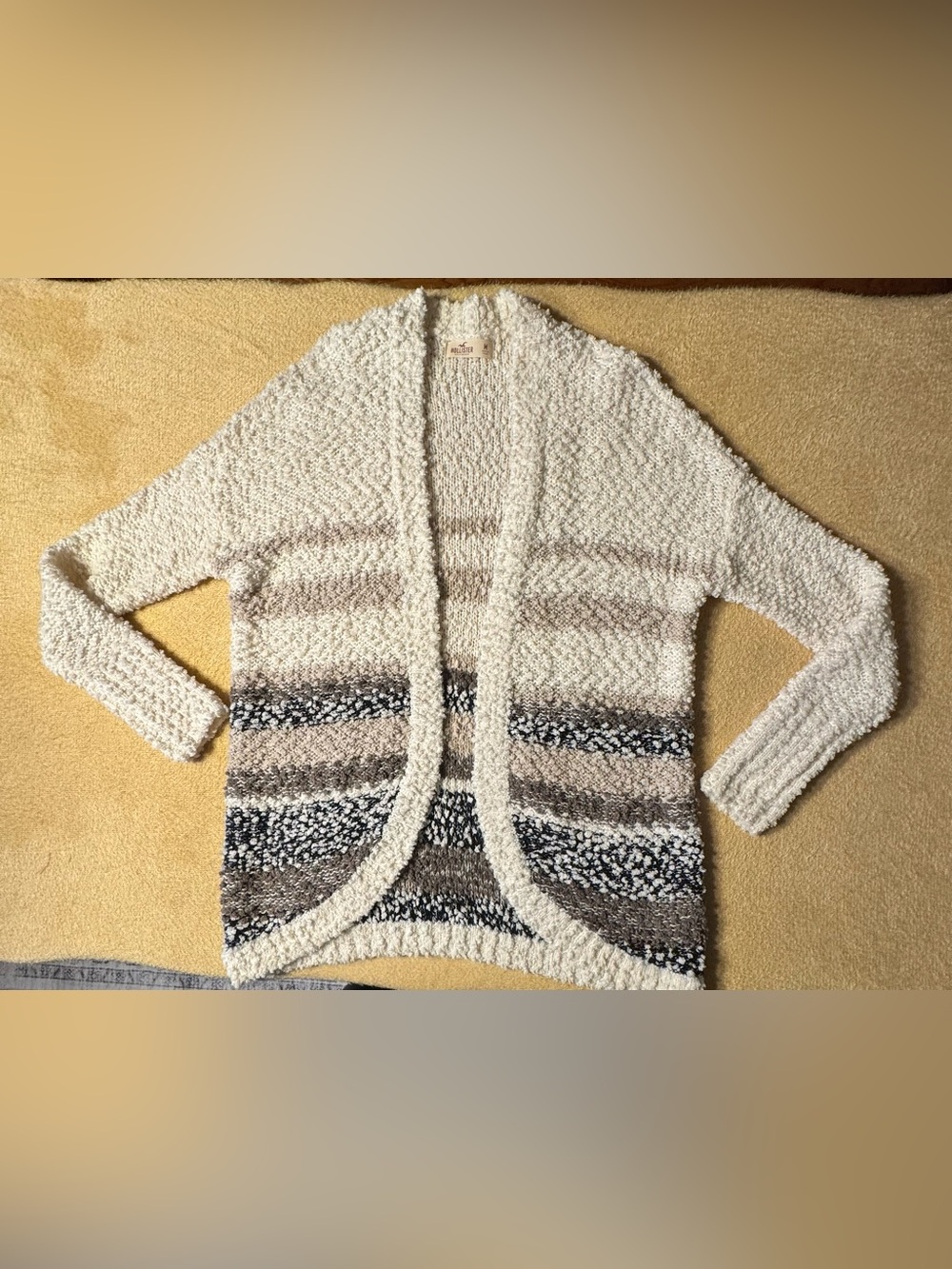 Hollister Cream Bouclé Open-Front Cardigan with Taupe & Black Stripes